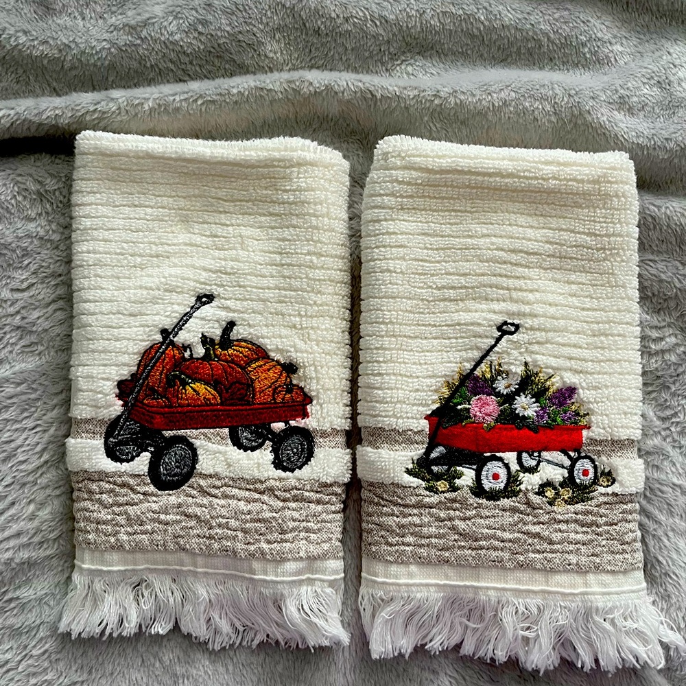 Autumn and Spring decor embroidered finger towel pair - HANDCRAFTED